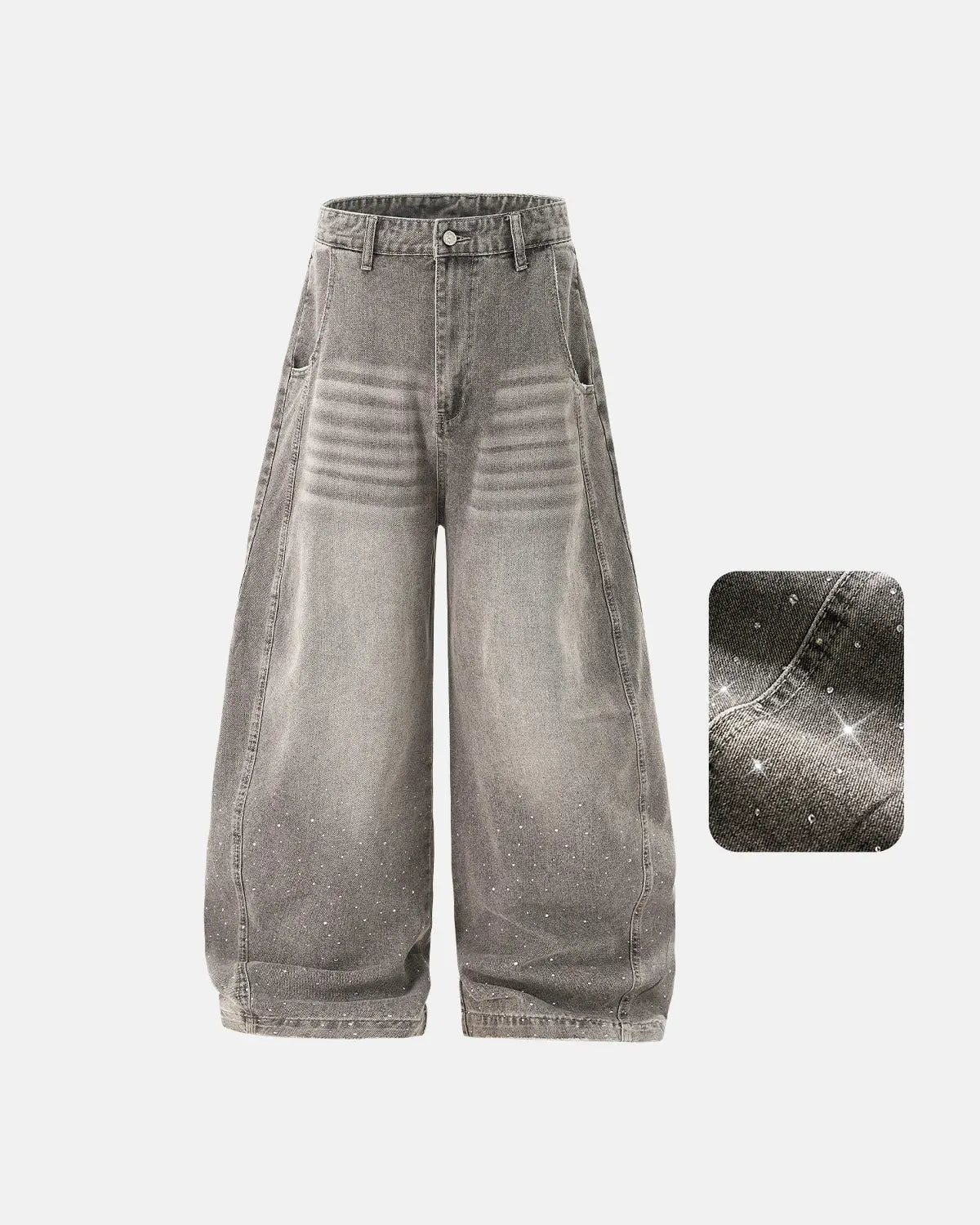 Inflation brand rhinestone washed barrel jeans, stylish streetwear pants with rhinestone embellishments and a washed denim finish.