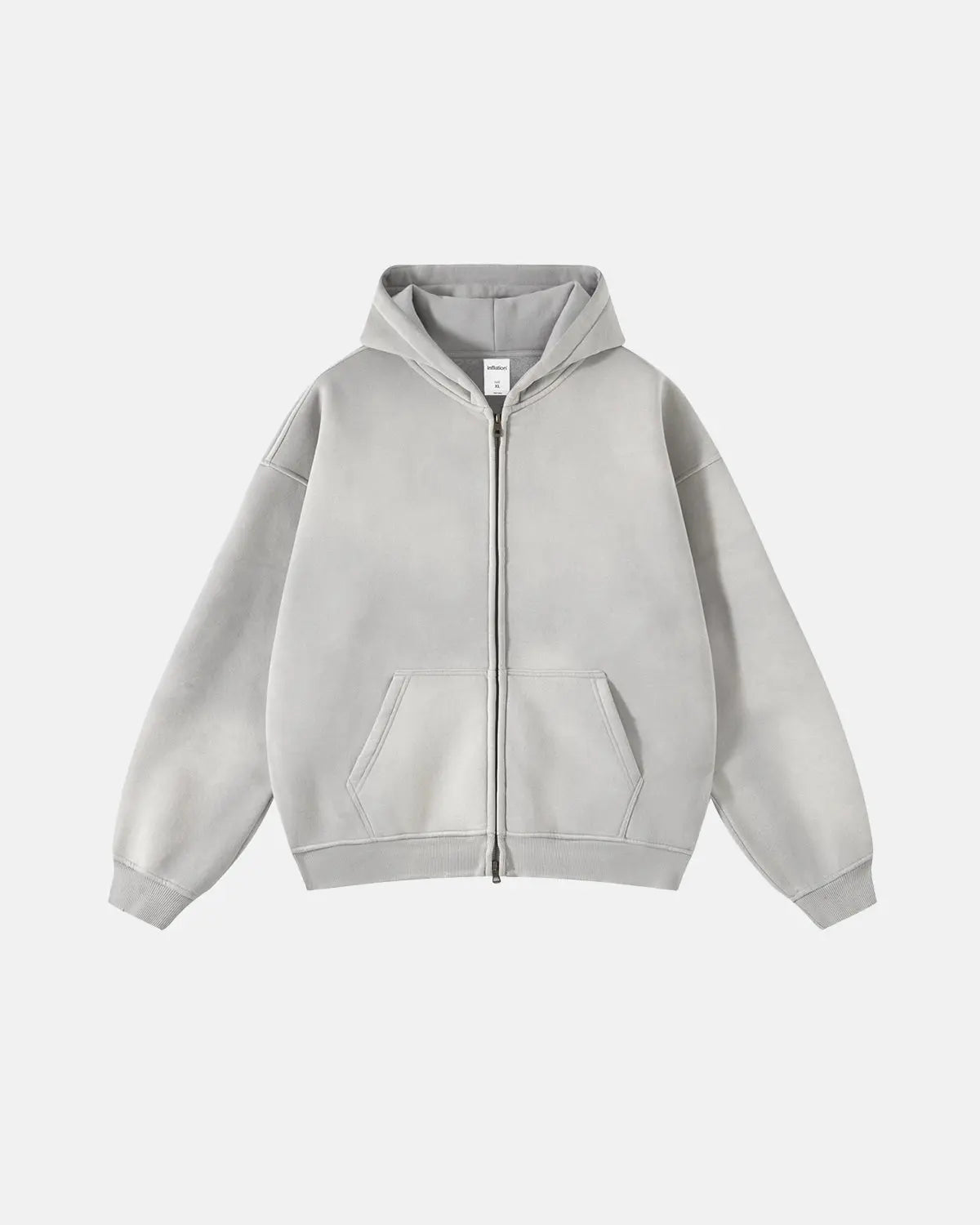 Acid washed distressed fleece zip-up hoodie by INFLATION, showing a casual streetwear style with a worn-in look and hoodie design.
