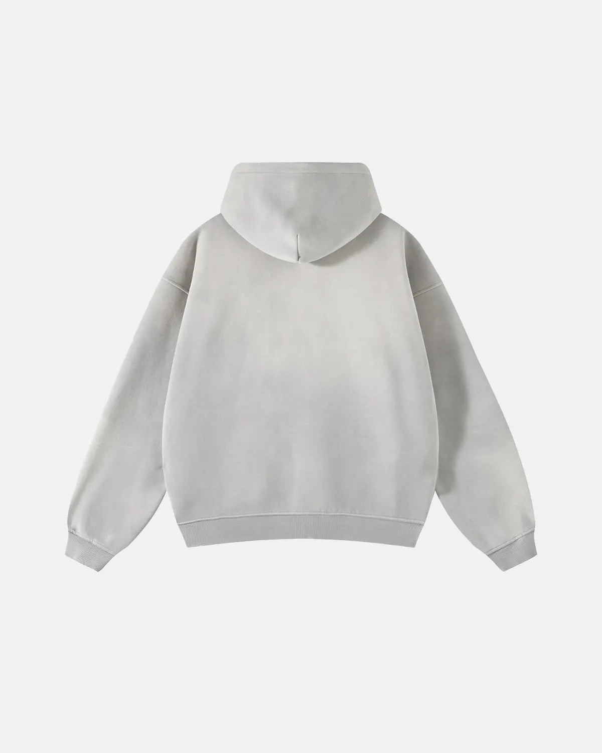 Acid washed distressed fleece zip-up hoodie by Flation Streetwear, showing the front view with a relaxed fit and faded fabric.