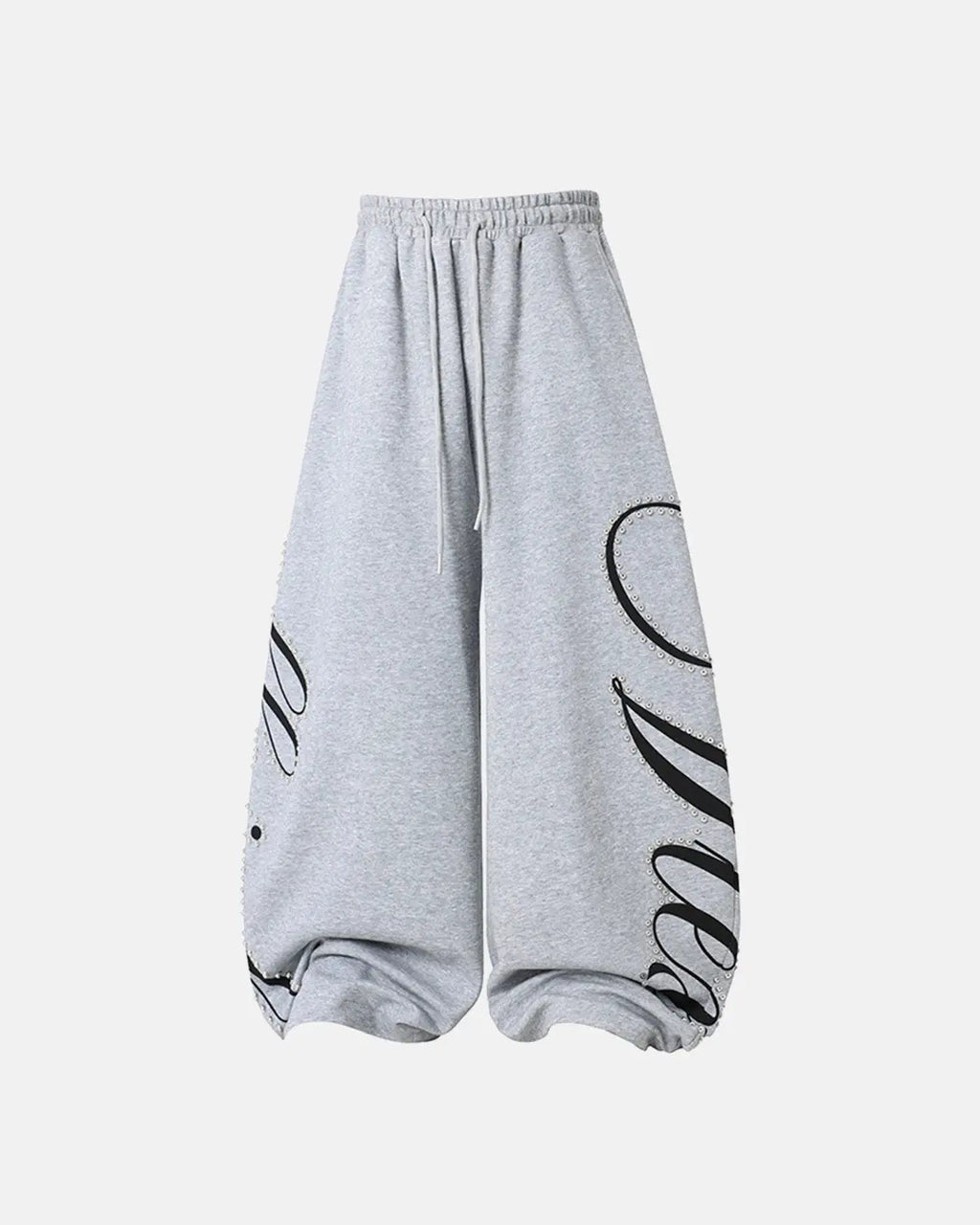 Inflation Streetwear Rhinestone Script Baggy Sweatpants with shiny rhinestone details and relaxed fit, black color, front view.