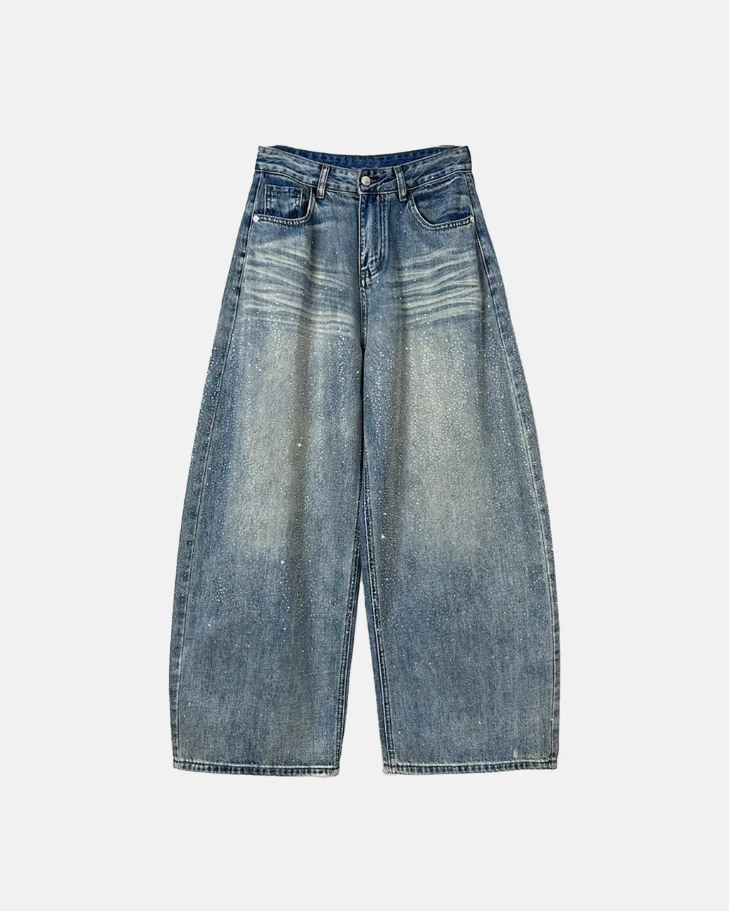 Inflation brand rhinestone washed barrel baggy jeans, stylish streetwear pants with rhinestone details and relaxed fit.