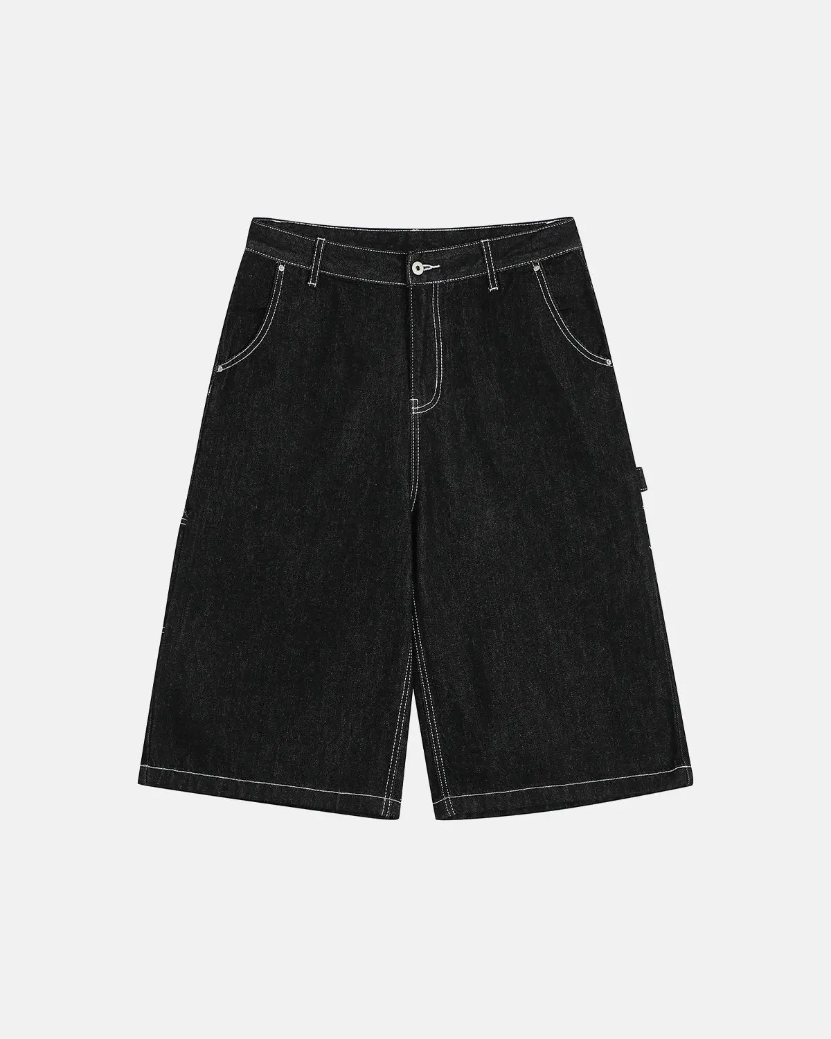 Contrast stitching raw cargo jorts by INFLATION, denim pants with rugged style and utility features, shown from the front.
