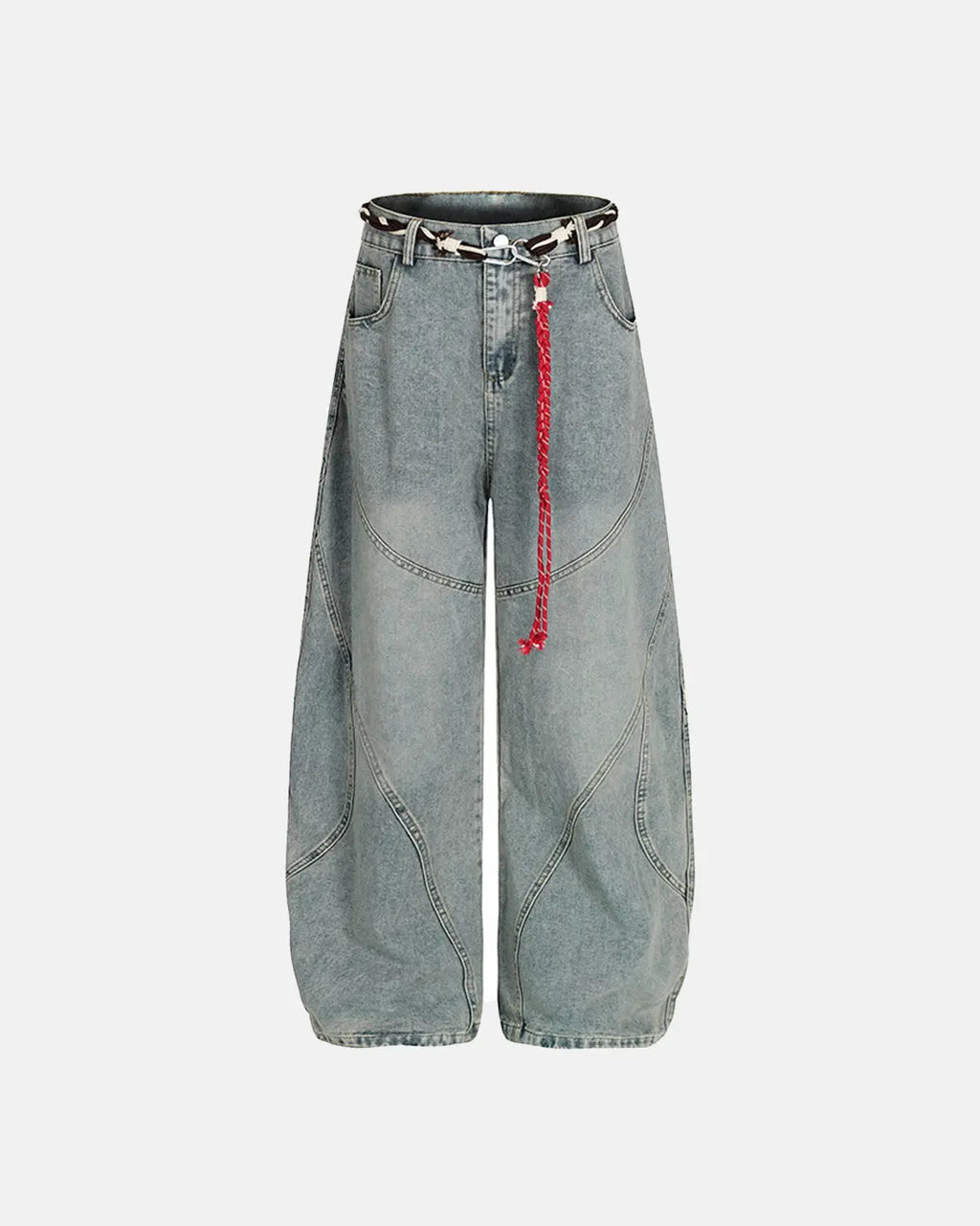 Acid wash baggy jeans with stitching details from Flation Streetwear, relaxed fit and distressed denim style.