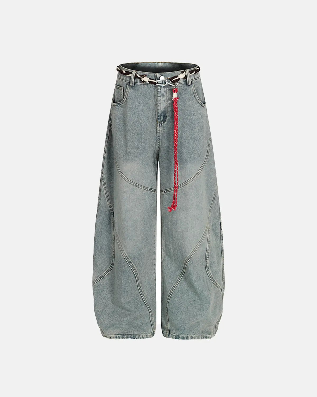 Acid wash stitching baggy jeans by INFLATION with distressed details and relaxed fit, showcasing the denim's texture and stitching.