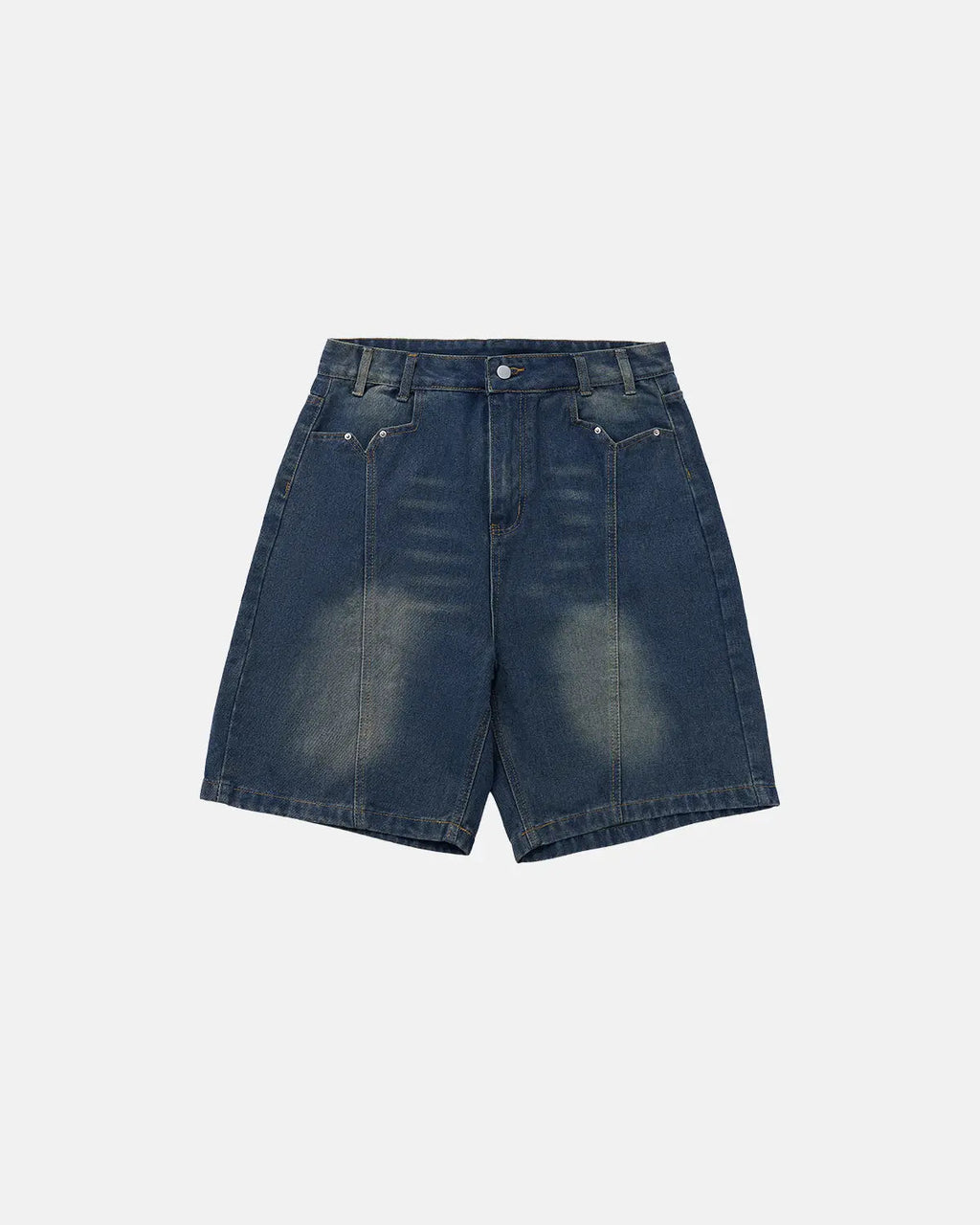 Deconstructed washed denim jorts by INFLATION, casual streetwear pants with frayed hems and distressed details.