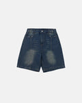 Deconstructed washed denim jorts by INFLATION, casual streetwear pants with frayed hems and distressed details.