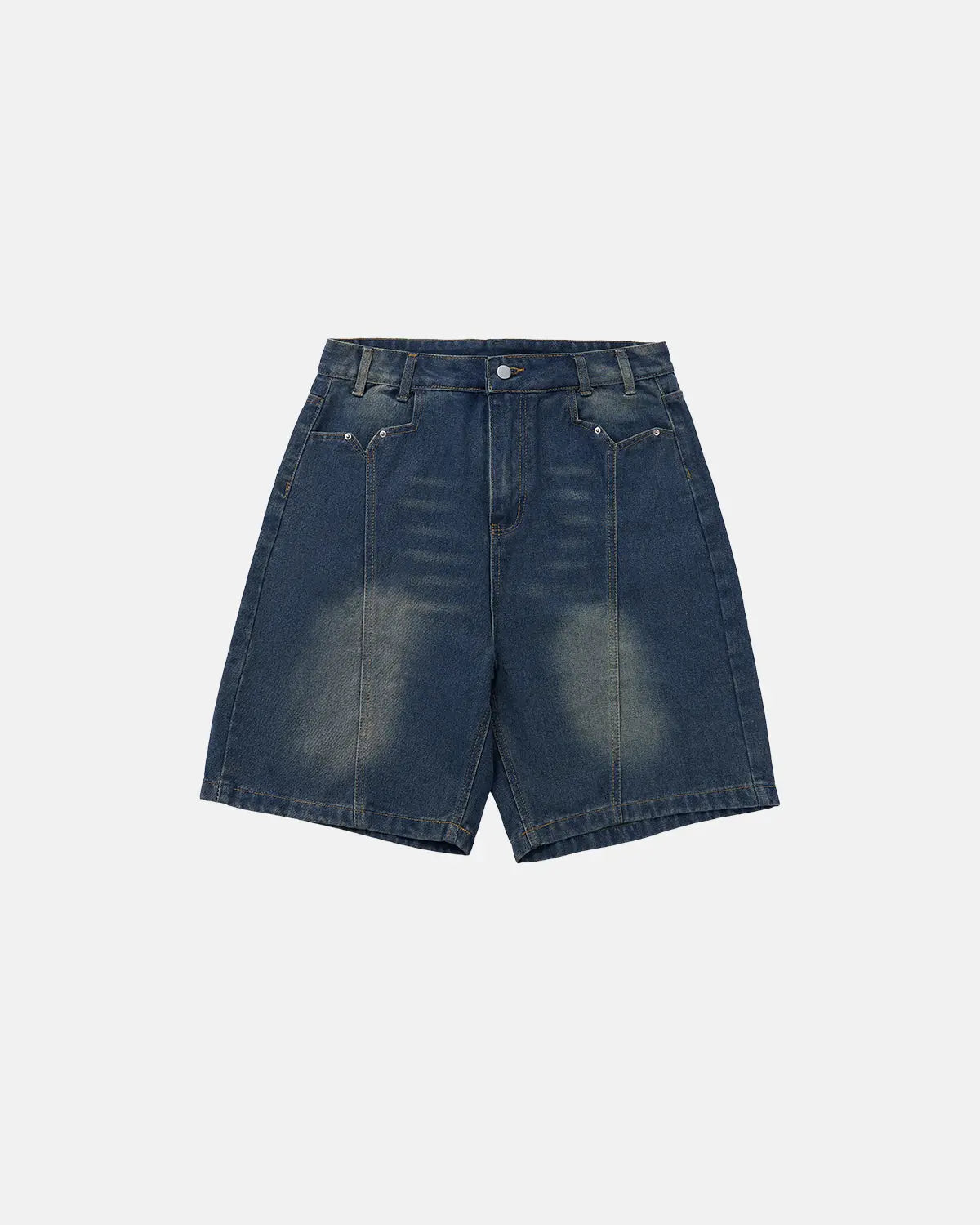 Deconstructed washed denim jorts by INFLATION, casual streetwear pants with frayed hems and distressed details.