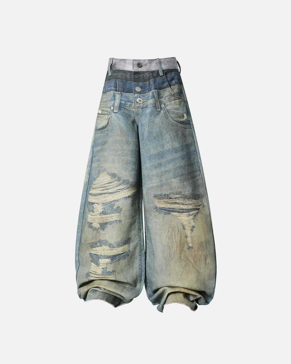 3D print multi-waist barrel jeans by INFLATION featuring unique layered denim design and streetwear style.