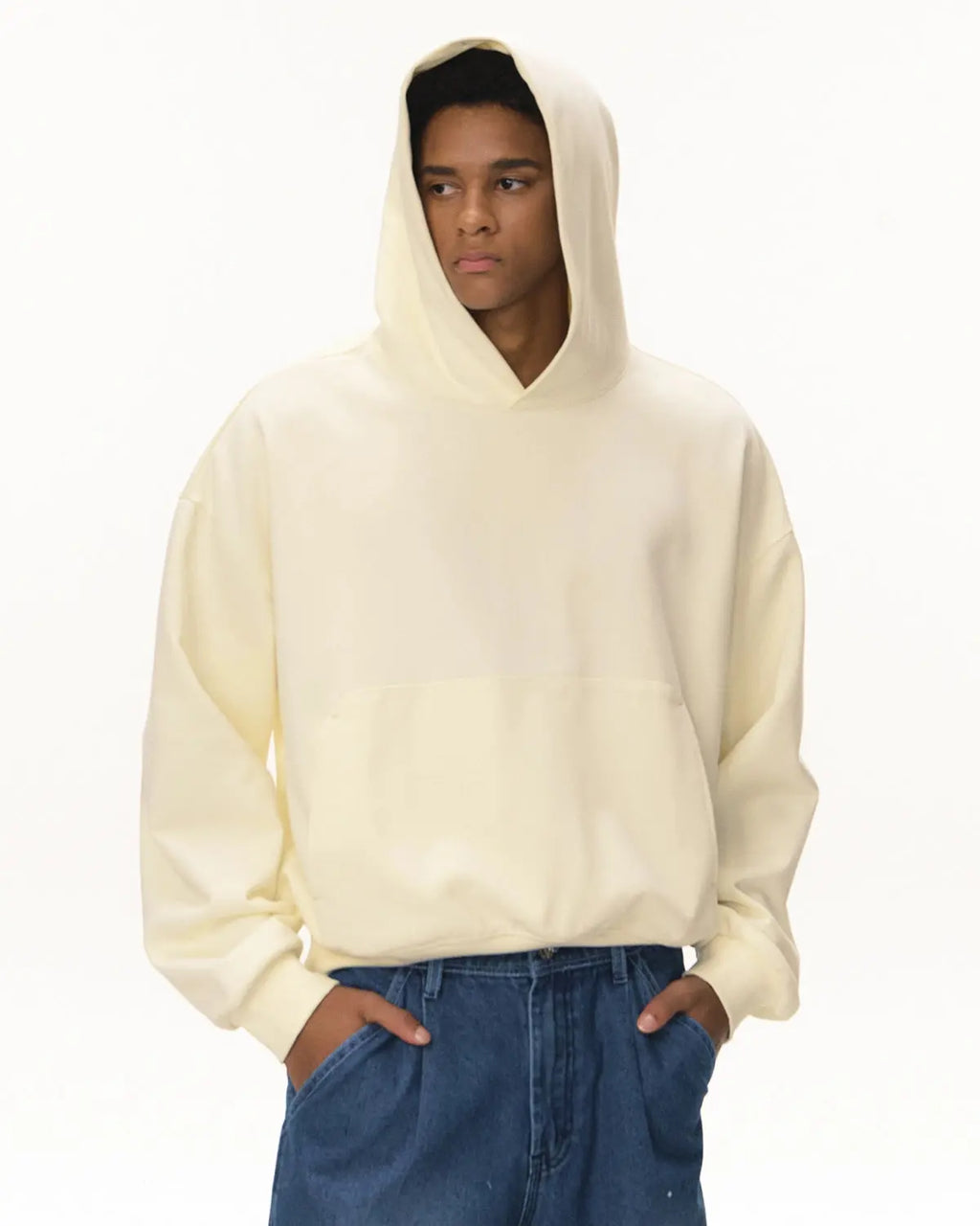 Blank boxy fit French Terry hoodie by Flation Streetwear, front view showing relaxed fit and soft fabric texture.
