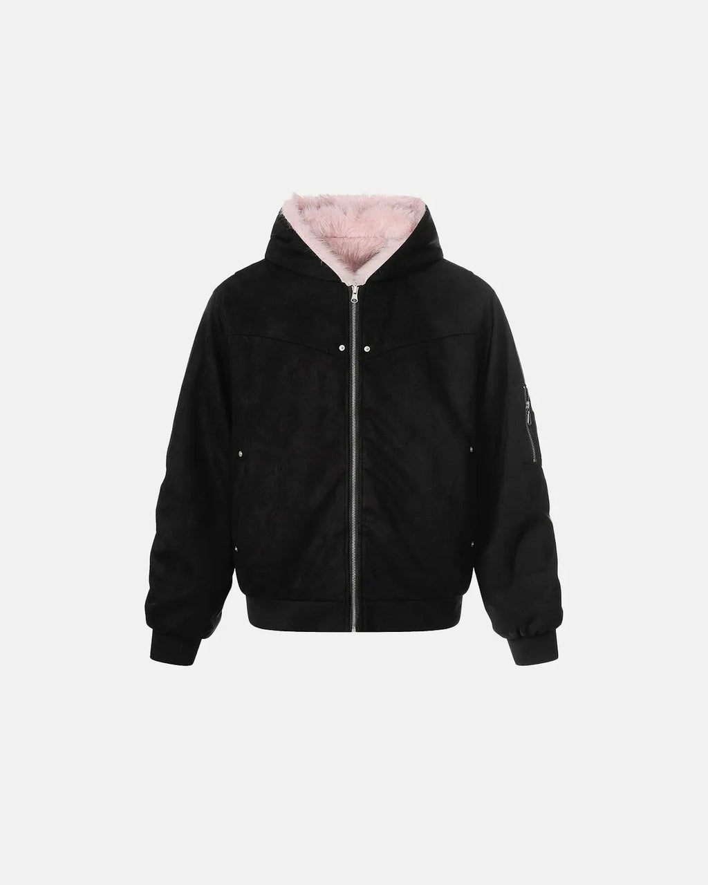 Reversible faux fur hooded jacket by INFLATION, featuring plush fur on one side and sleek fabric on the other, displayed on a hanger.