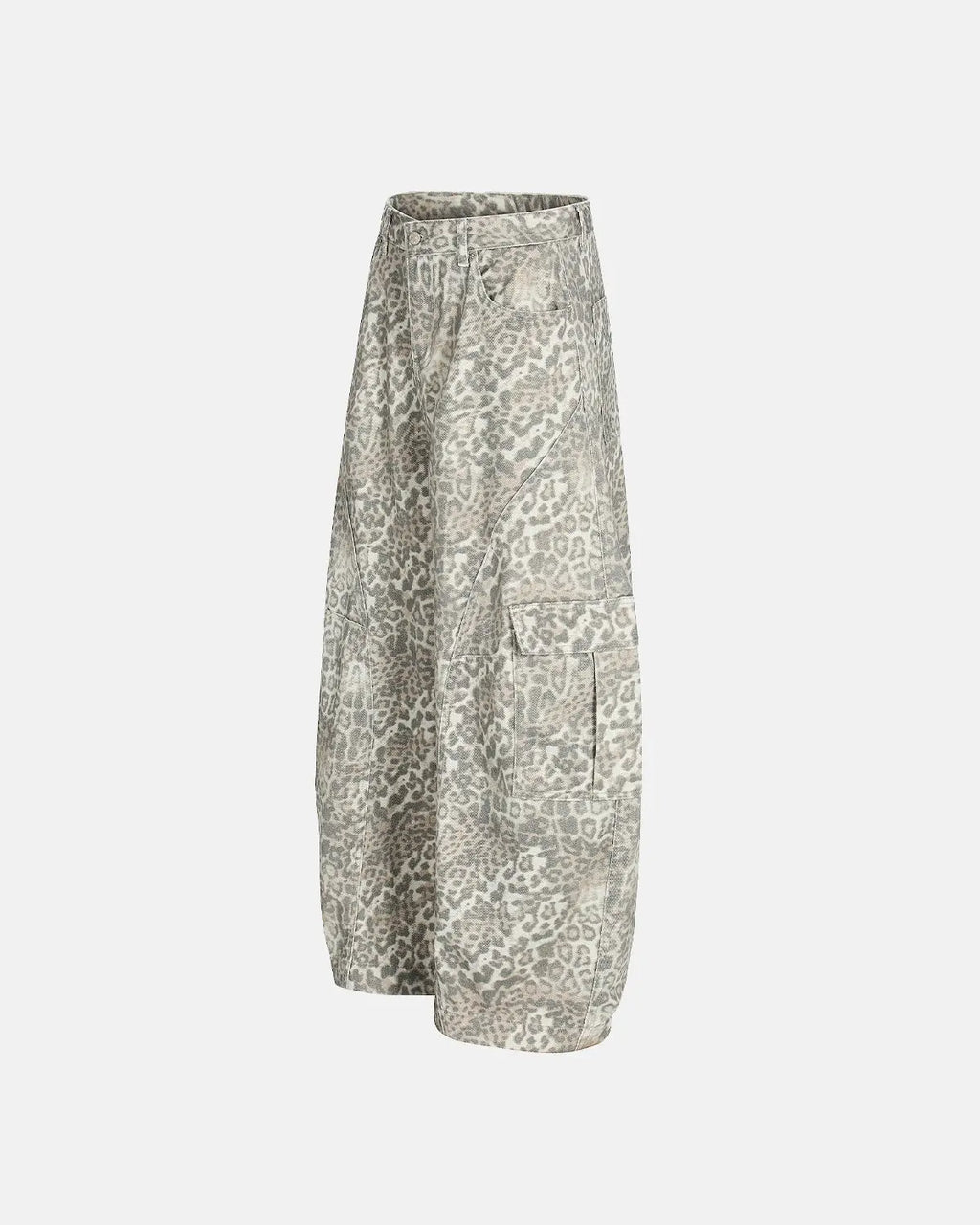 Leopard pattern cargo barrel pants by INFLATION featuring a streetwear style with multiple pockets and relaxed fit.
