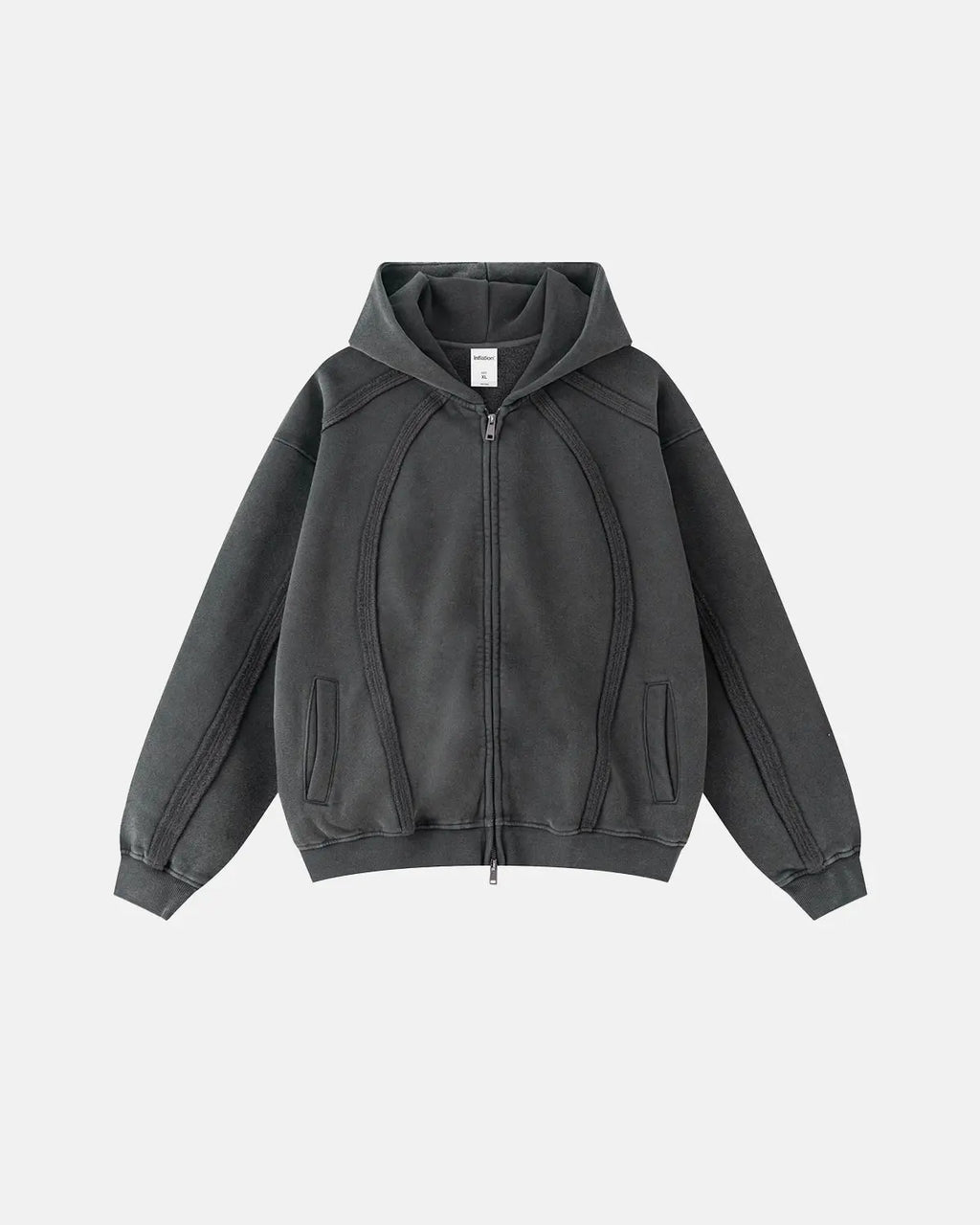Inflation Streetwear snow washed raw edge boxy zip-up hoodie, showing its relaxed fit, raw hem details, and front zipper.