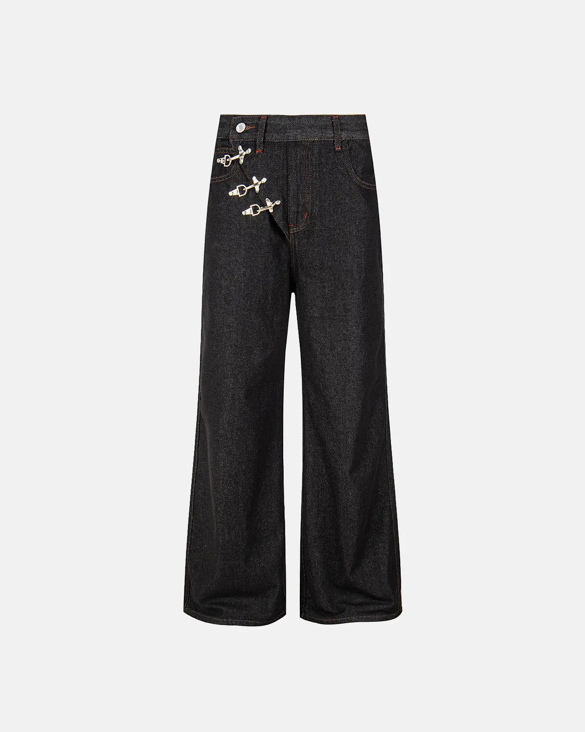 Asymmetric buckle raw baggy jeans by INFLATION featuring loose fit, distressed details, and unique front buckle design.