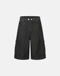 Black cargo longline jorts by INFLATION featuring oversized pockets and distressed denim for a streetwear look.