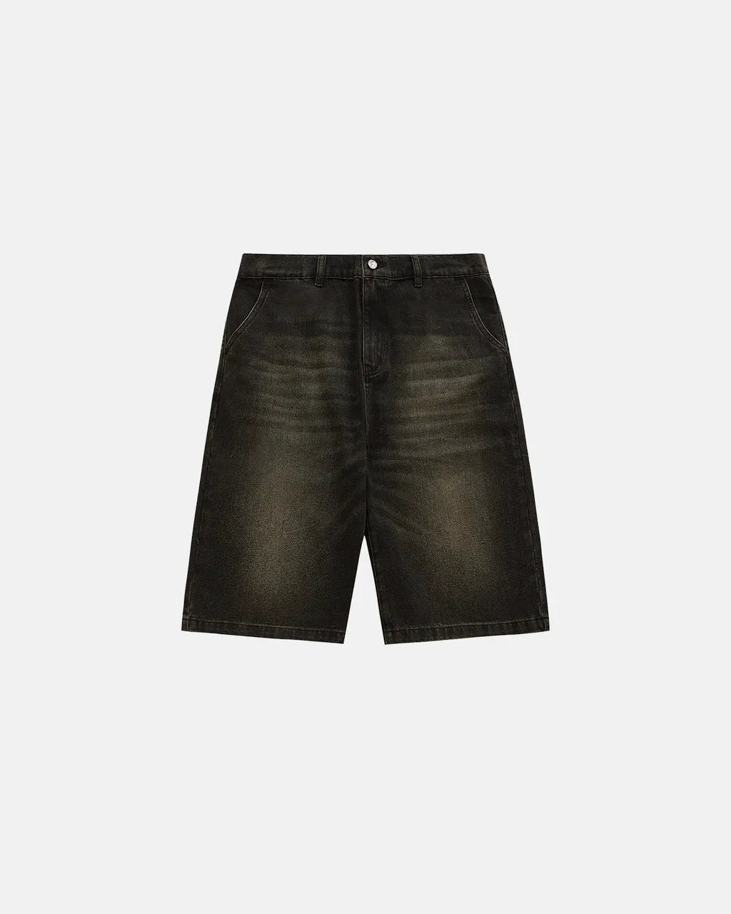 Retro washed Flation streetwear jorts jeans with distressed details and frayed hem, casual summer denim shorts.