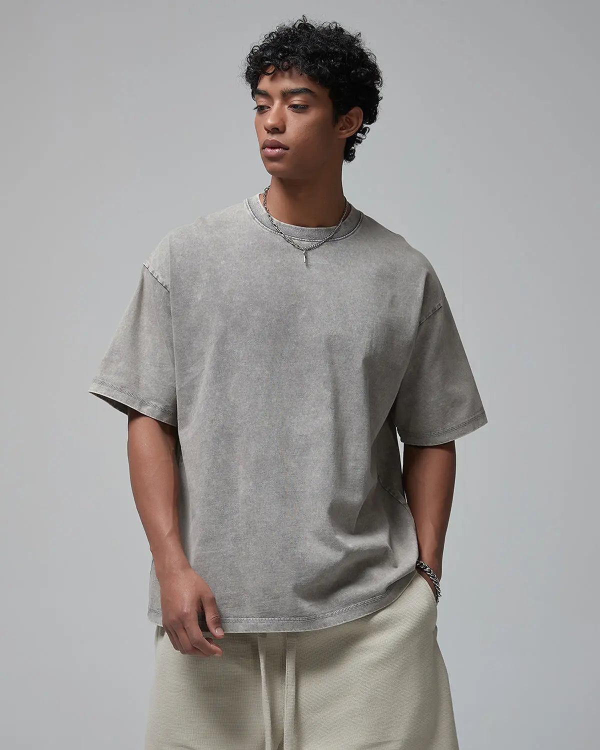 Wax washed mock neck T-shirt by INFLATION, streetwear style, featuring a soft fabric and casual fit on a neutral background.