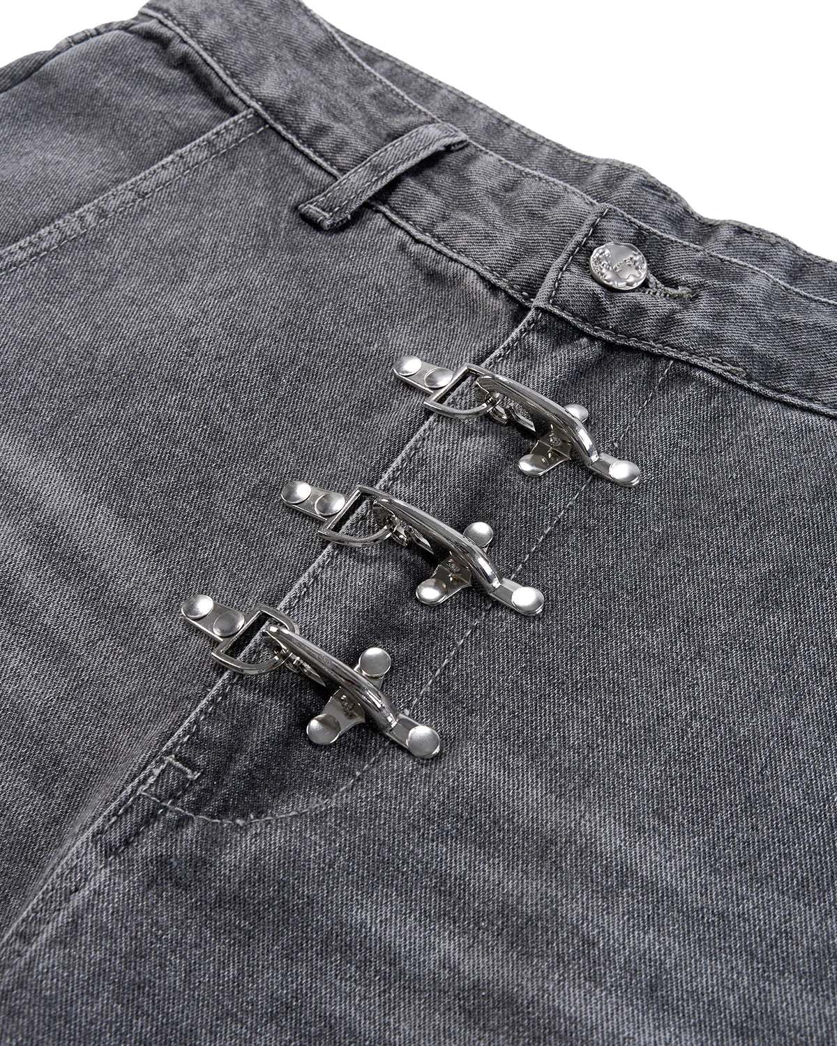 Grey barrel jeans with metal clasp details from Inflation Streetwear, showcasing the relaxed fit and stylish denim fabric.