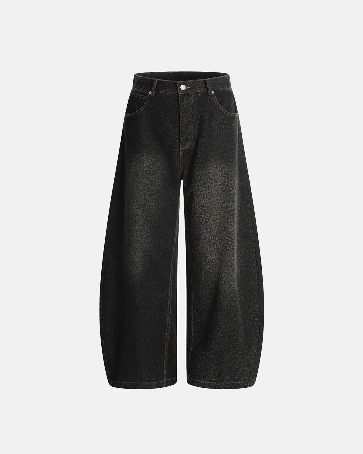Vintage leopard print barrel jeans by Inflation Streetwear showing classic leopard pattern and relaxed fit style.