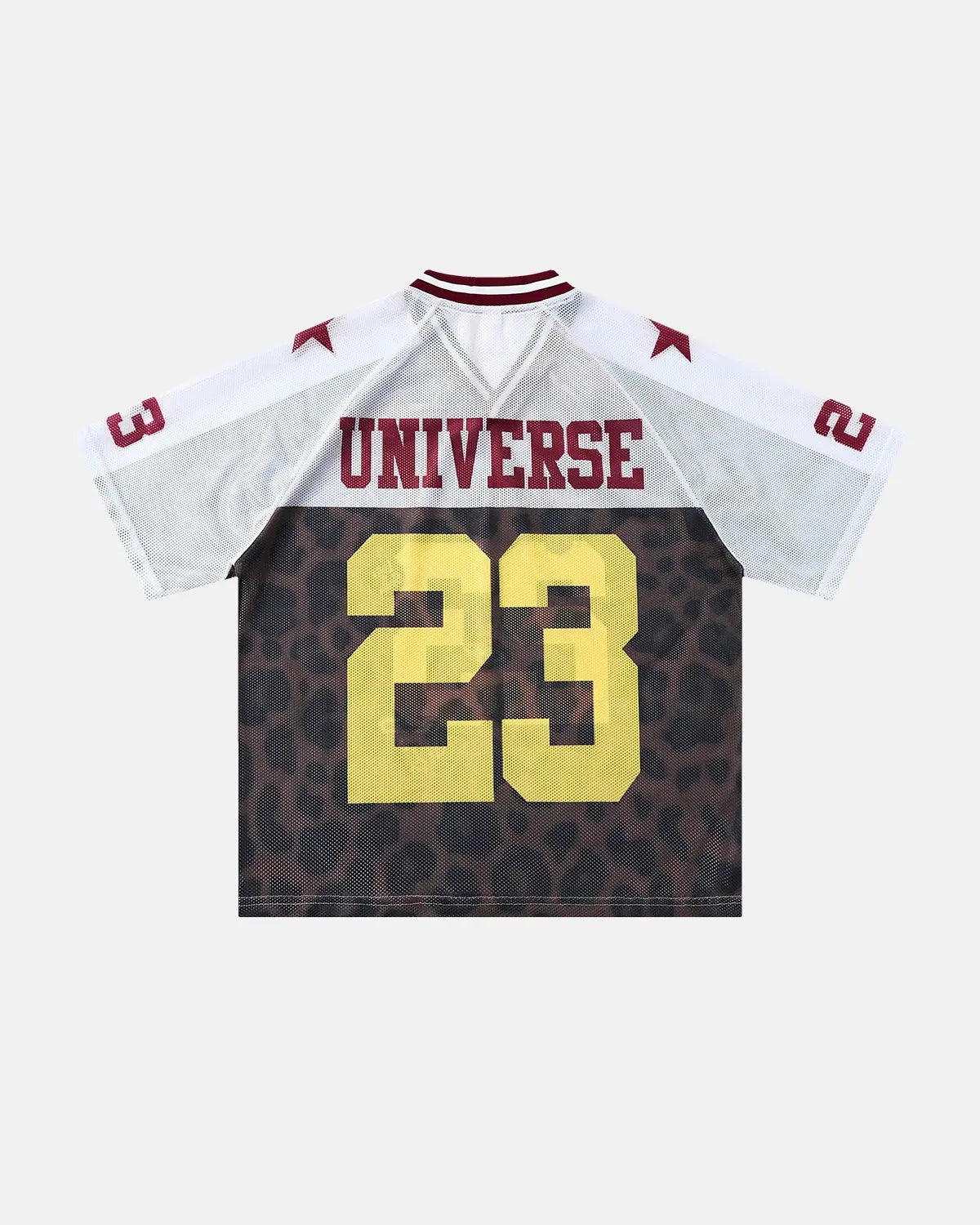 Number 23 Leopard Mesh Jersey by INFLATION, featuring a bold leopard print on a lightweight mesh fabric.