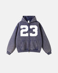 Inflation Streetwear 23 Washed Zip Up Hoodie in light blue with front pockets and adjustable drawstrings, casual and stylish.