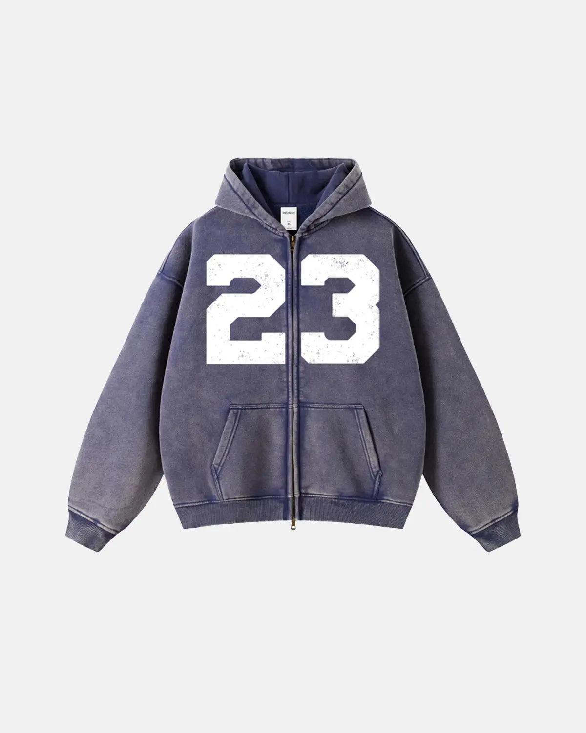 Inflation Streetwear 23 Washed Zip Up Hoodie in light blue with front pockets and adjustable drawstrings, casual and stylish.