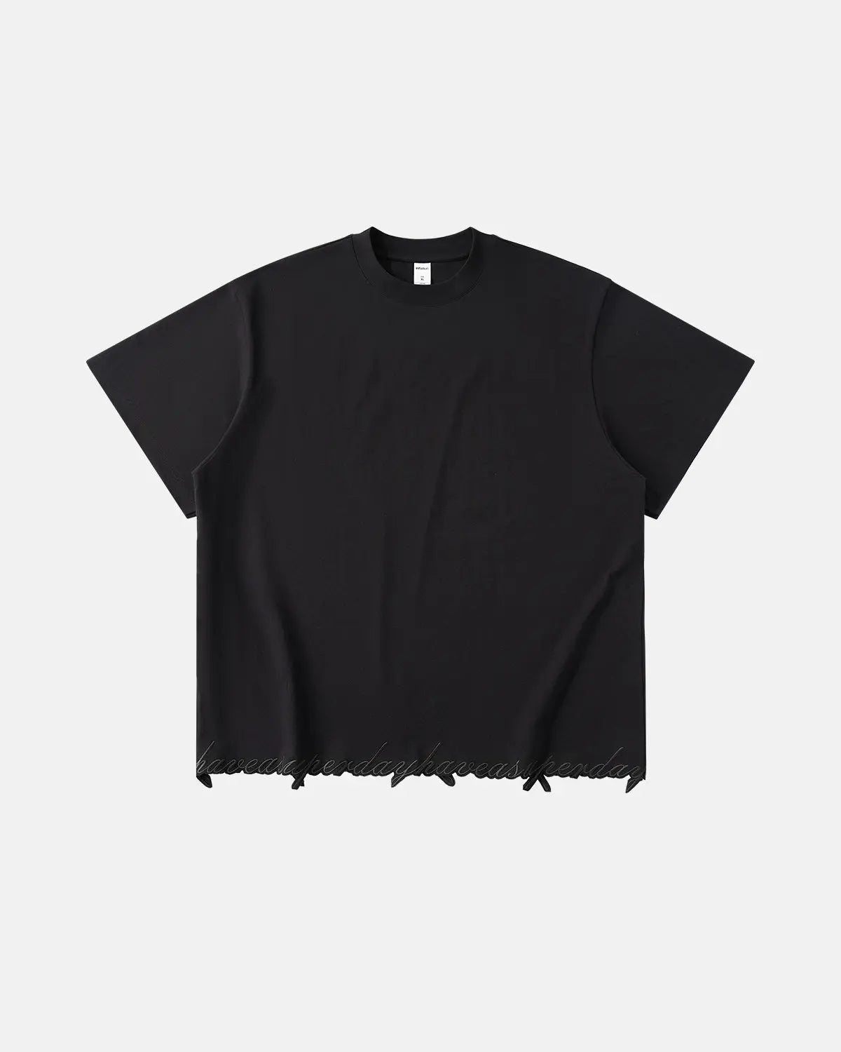 Oversized embroidered frayed hem T-shirt by INFLATION Streetwear featuring colorful embroidery and distressed frayed edges.