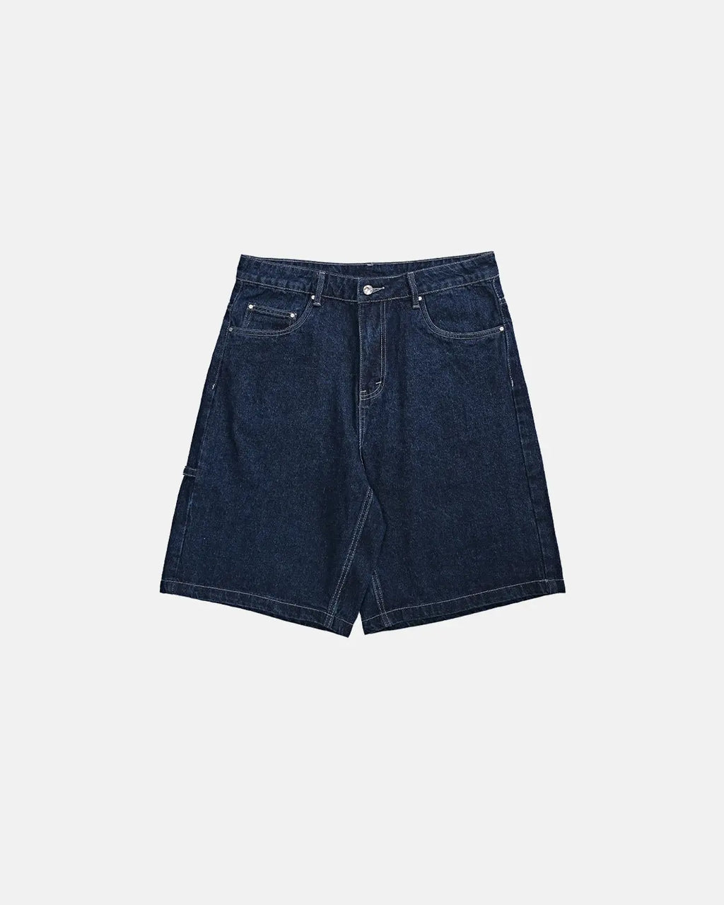 Light washed vintage straight Flation jorts pants with frayed hems and distressed details on denim fabric.