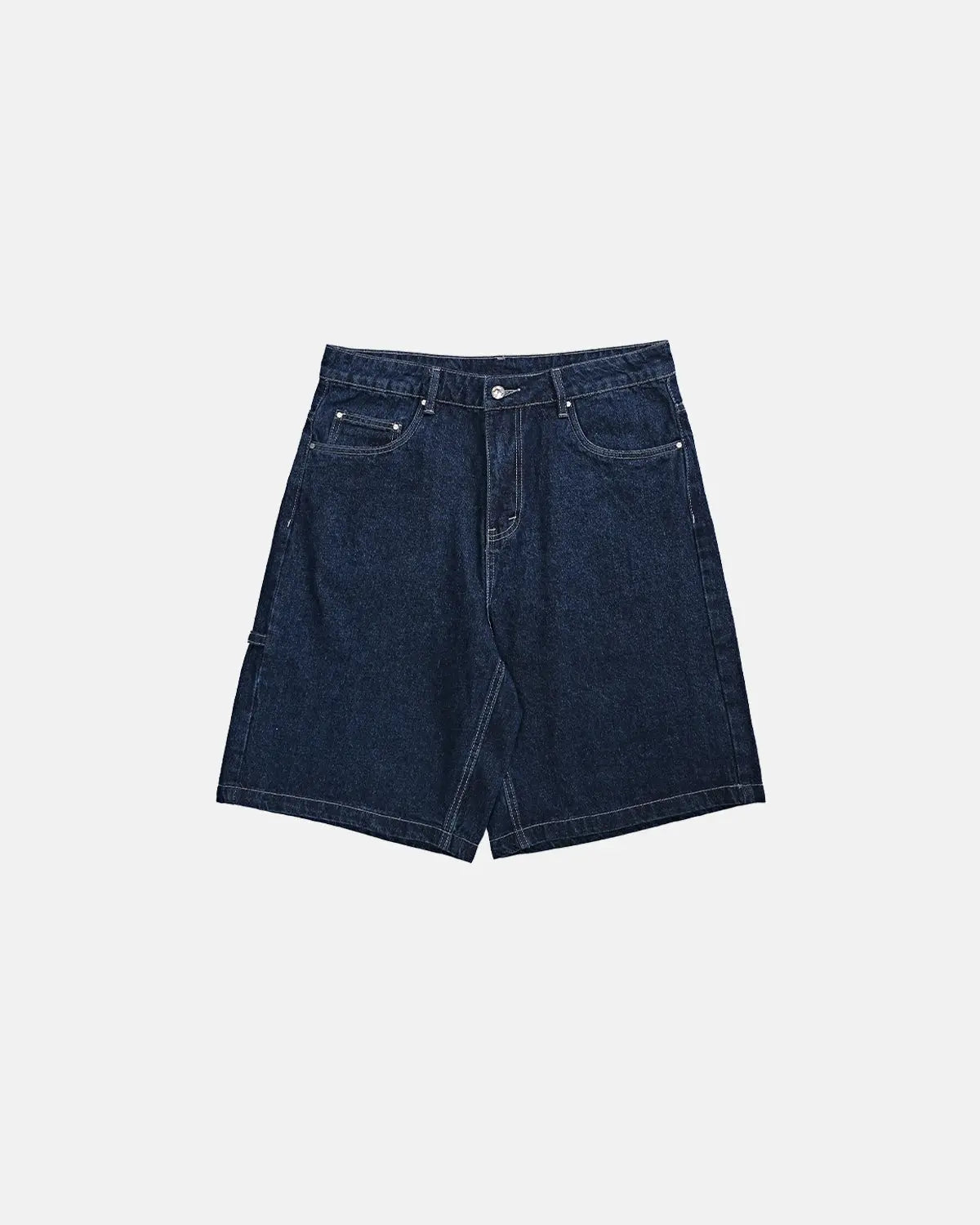Light washed vintage straight Flation jorts pants with frayed hems and distressed details on denim fabric.