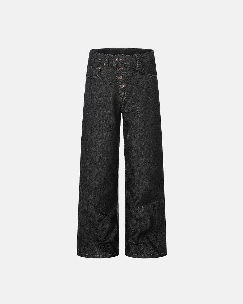 Raw baggy jeans with button fly from Inflation Streetwear featuring distressed denim and relaxed fit, shown on a model.