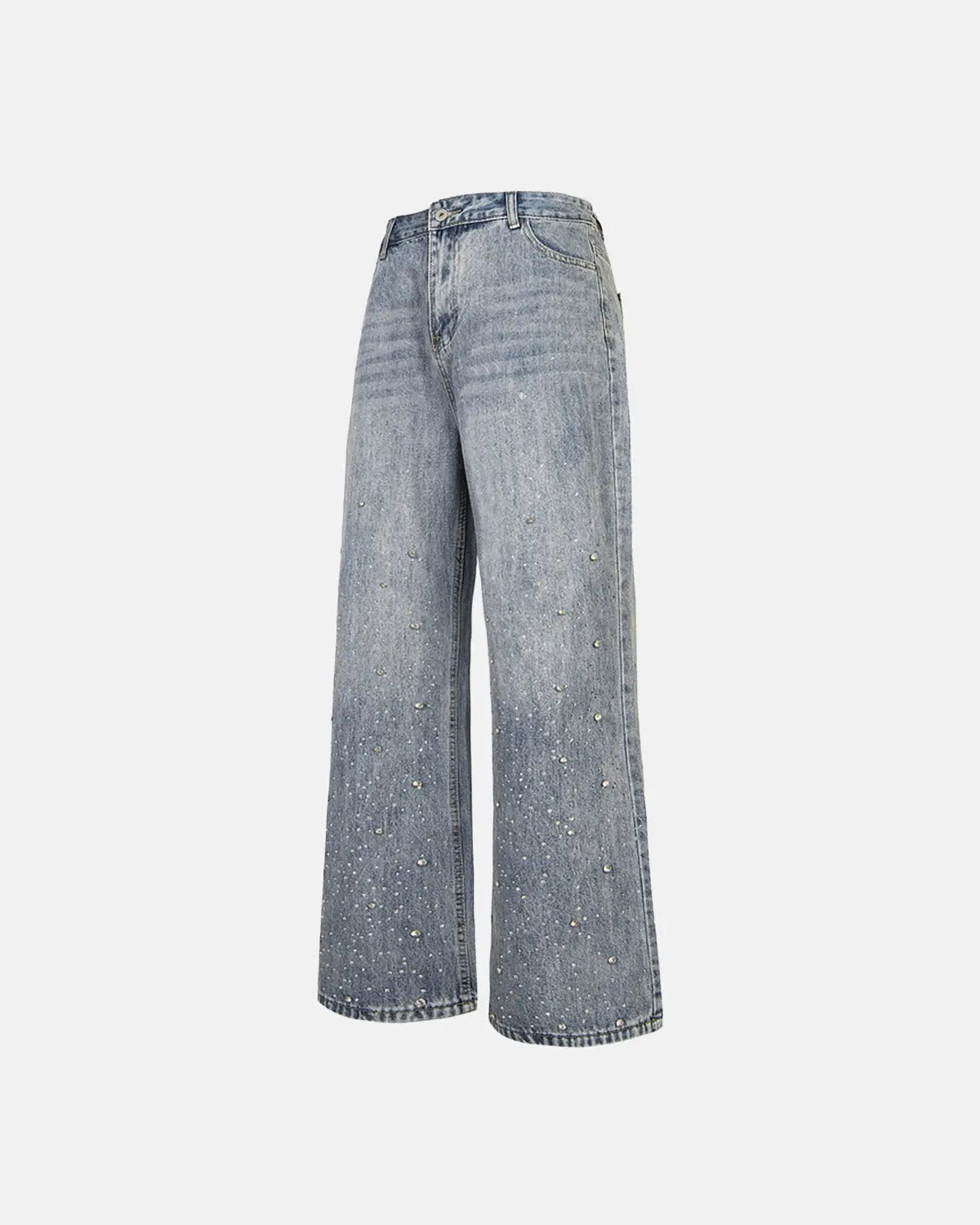Inflation Streetwear studded rhinestone baggy jeans with embellished details and relaxed fit, displayed on a model.