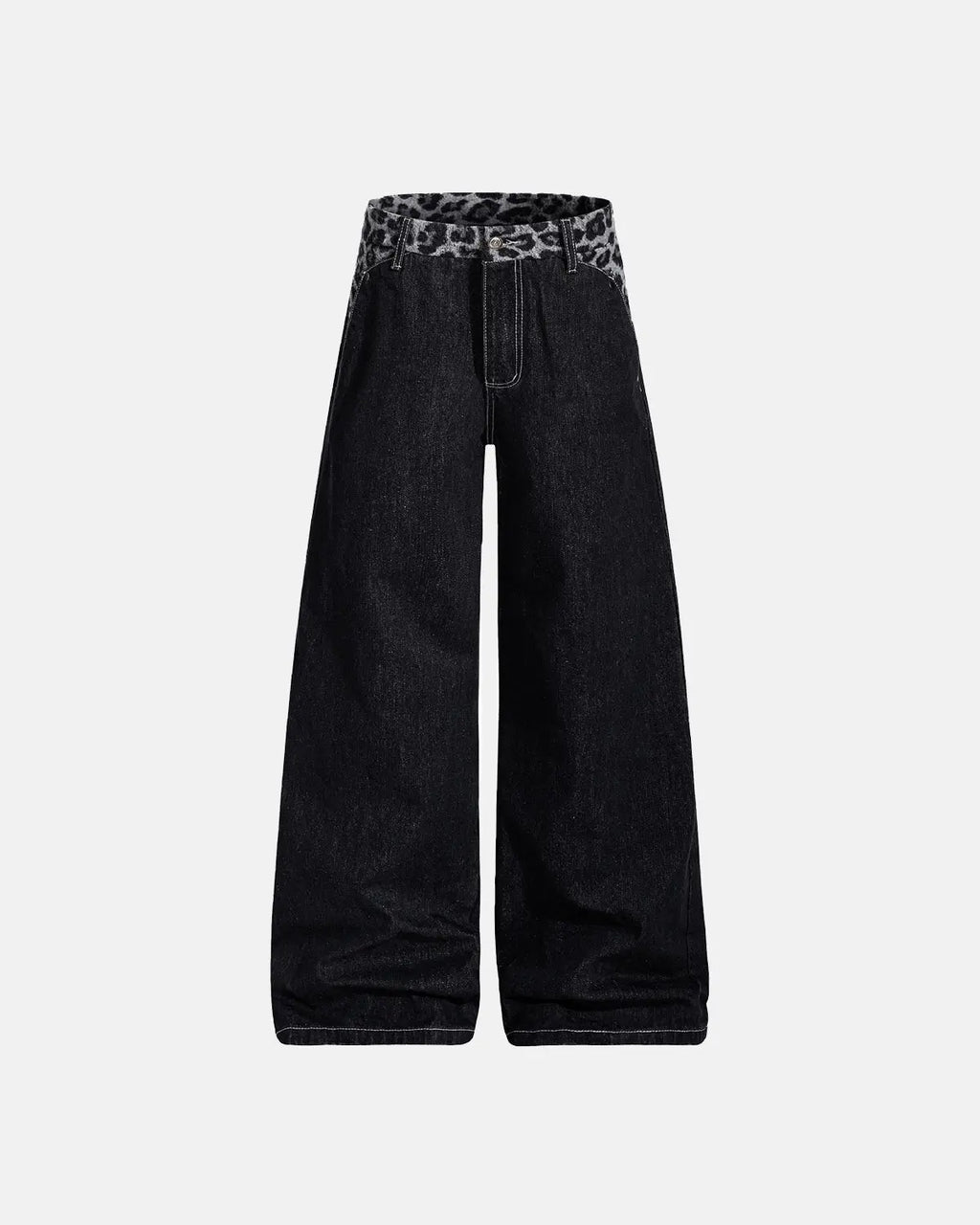 Leopard patchwork raw straight-leg jeans by INFLATION, featuring distressed details and unique animal print design.