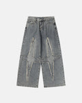 Flation Star Patched Baggy Jeans featuring distressed details and relaxed fit, styled with casual streetwear vibe.