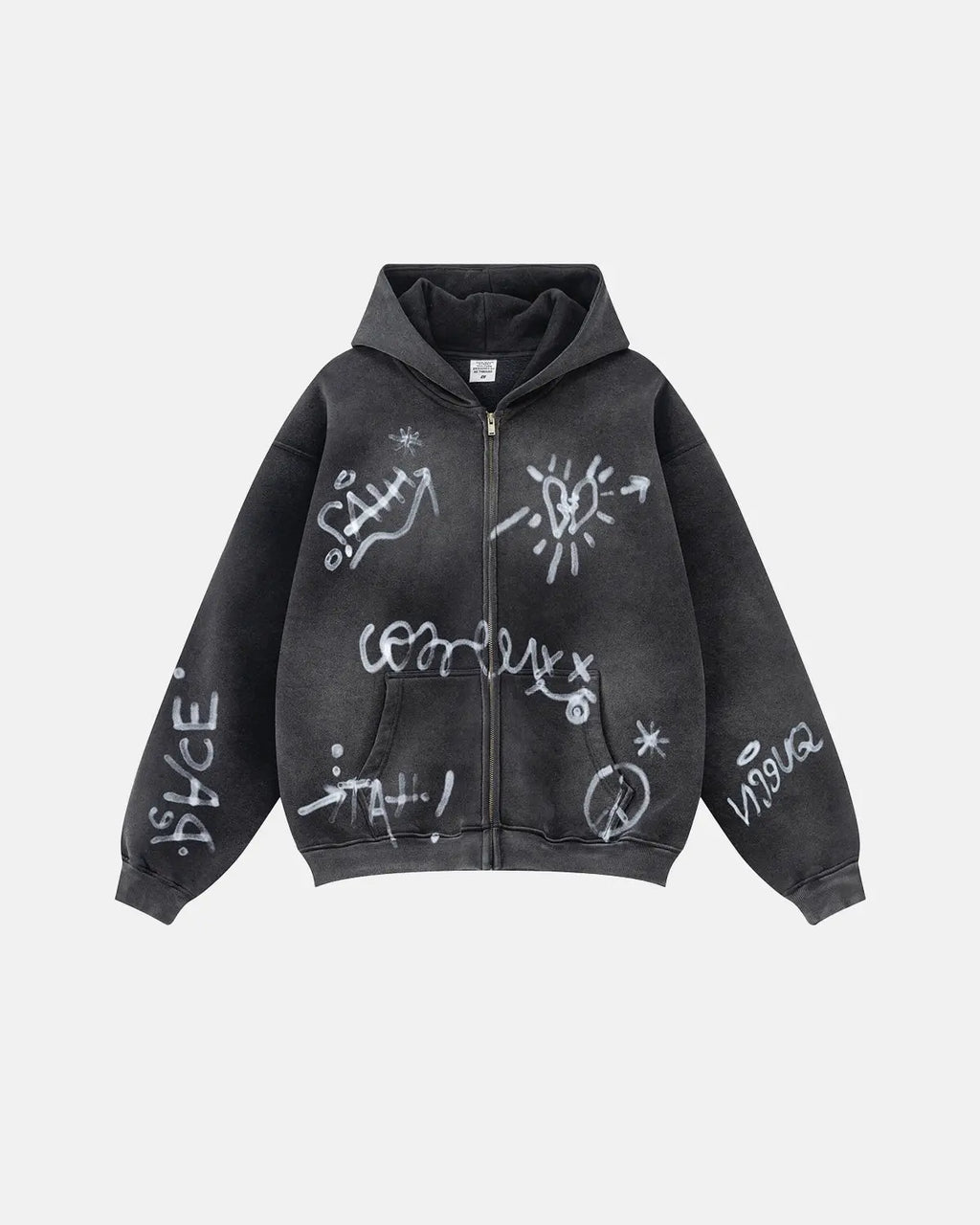 Flation Graffiti Washed Zip Up Hoodie showing graffiti design on the front, casual fit, with a hood and full front zipper.