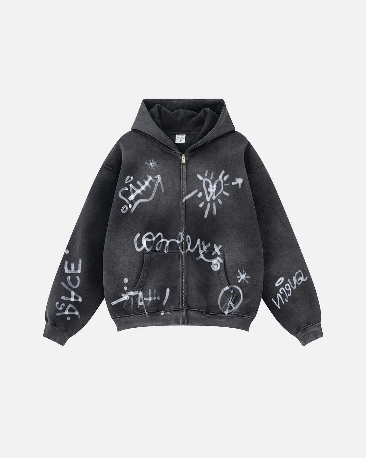 Flation Graffiti Washed Zip Up Hoodie showing graffiti design on the front, casual fit, with a hood and full front zipper.