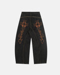 Dark blue barrel jeans with gothic cross embroidery details from INFLATION's streetwear collection.