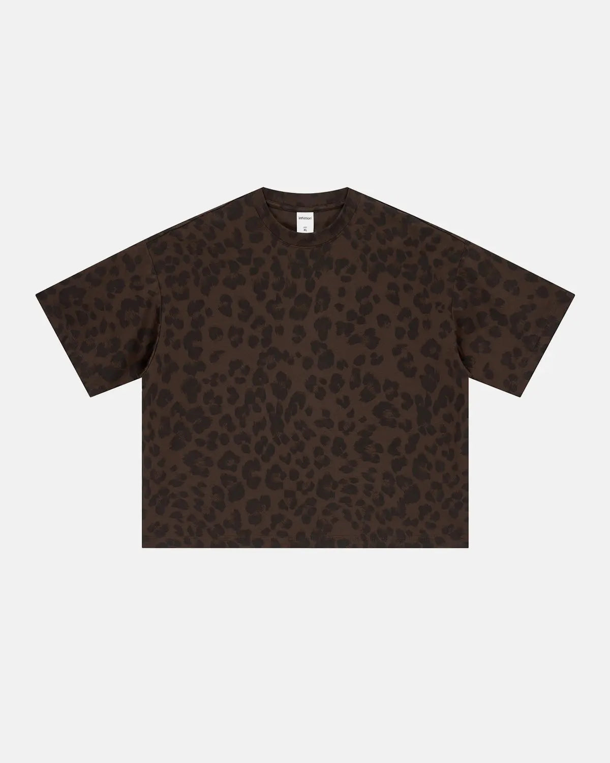 Leopard print boxy T-shirt from INFLATION Streetwear featuring bold animal pattern and relaxed fit.