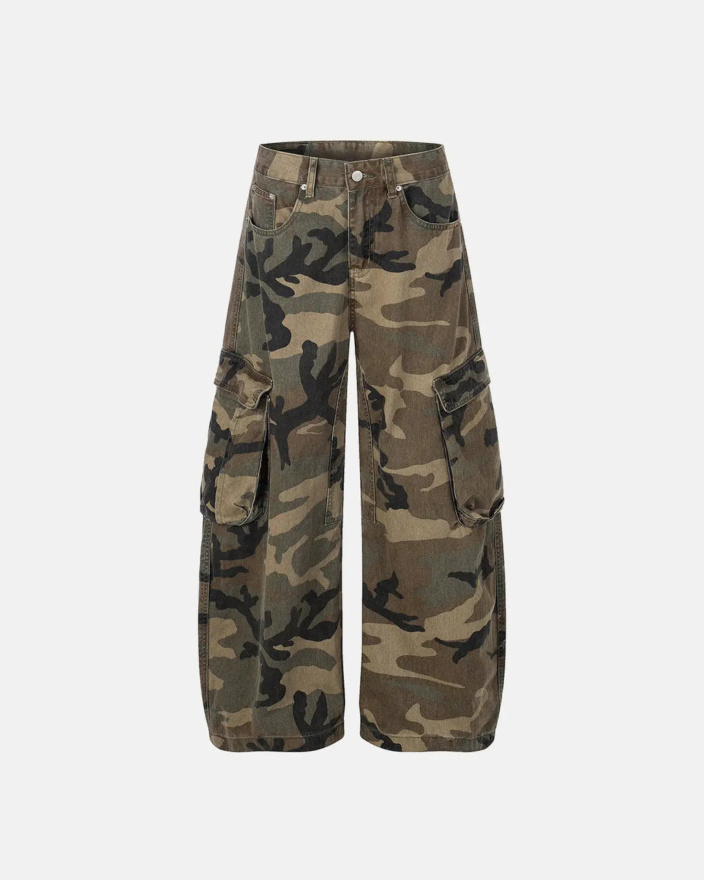 Camo cargo barrel pants by INFLATION featuring a relaxed fit, multiple pockets, and a camouflage print for streetwear style.