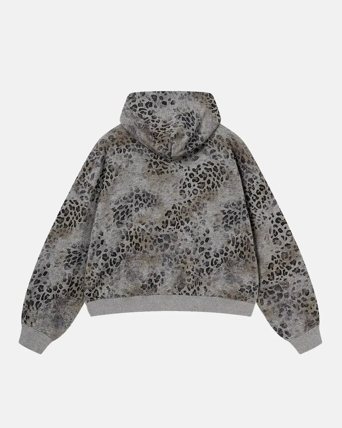 Leopard print boxy zip-up hoodie from INFLATION Streetwear, featuring a front zipper and bold animal pattern.