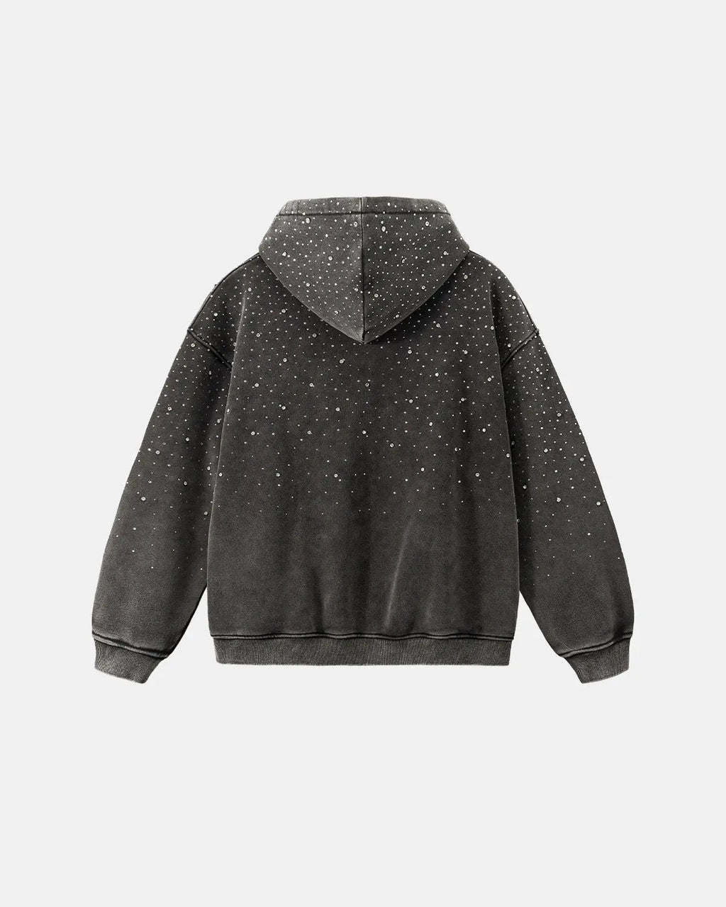 Distressed washed fleece zip-up hoodie with rhinestone details by Flation Streetwear, featuring a casual, trendy streetwear style.