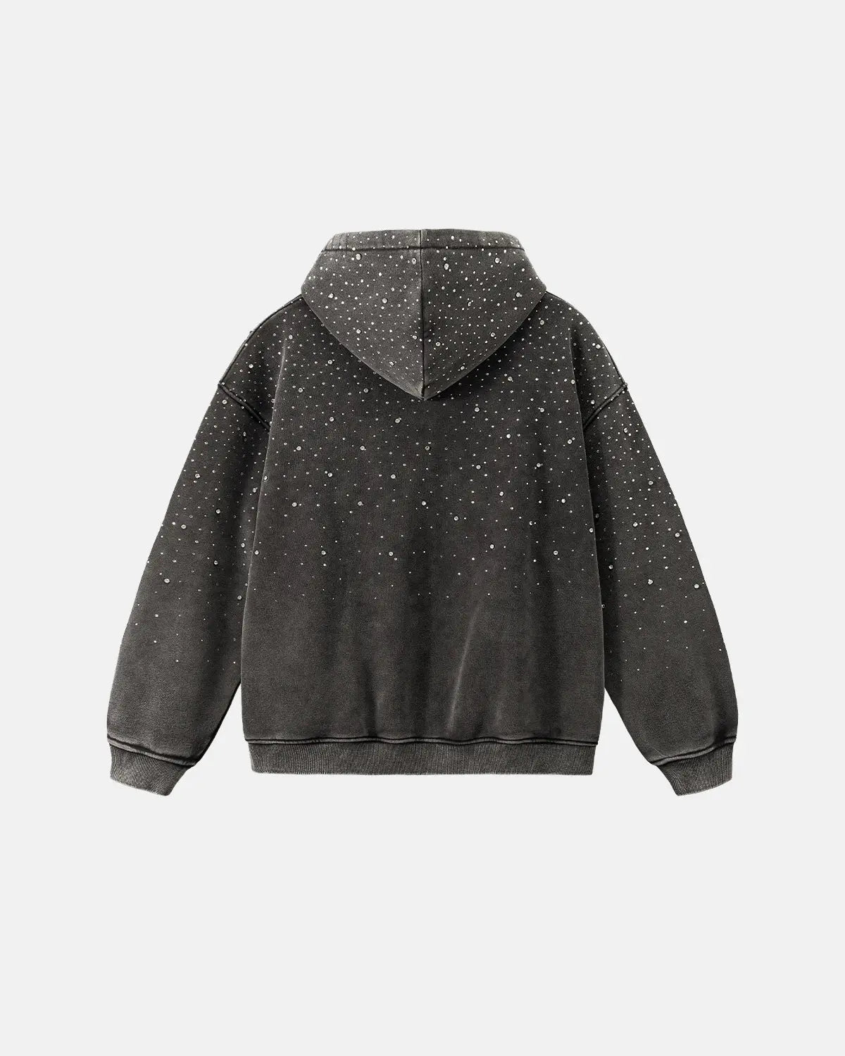 Distressed washed fleece zip-up hoodie with rhinestone details by Flation Streetwear, featuring a casual, trendy streetwear style.