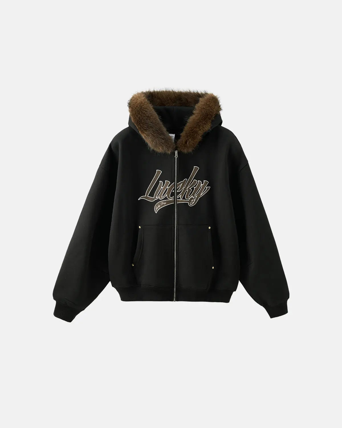 Inflation Streetwear faux fur collar zip-up hoodie jacket featuring a cozy fur-lined collar and casual fit, displayed on a hanger.