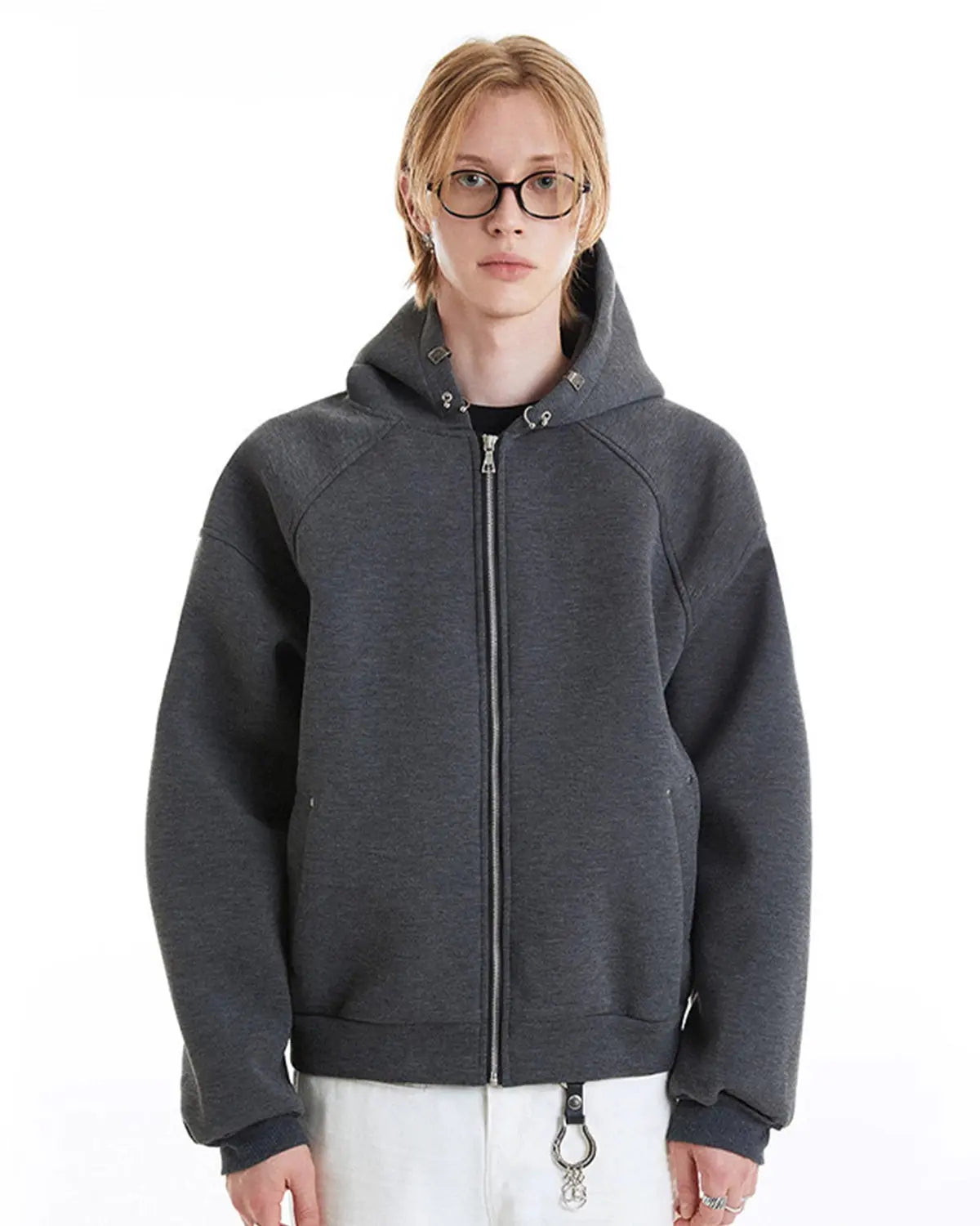 Flation Grey Boxy Zip-Up Hoodie showing front view with hood and zip closure, casual streetwear style.
