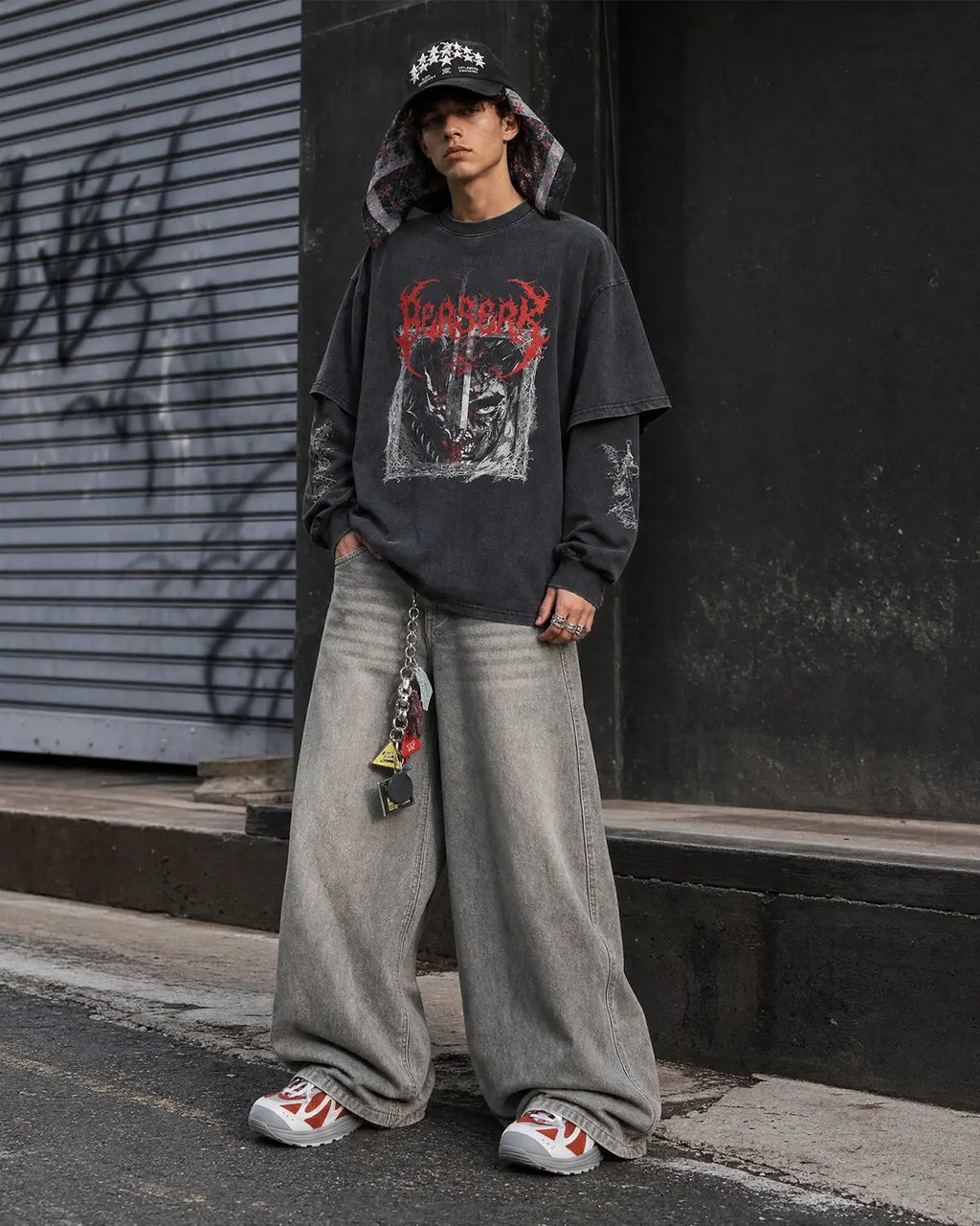 Distressed acid wash layered graphic T-shirt by Flation Streetwear, featuring a casual, worn-in look with layered design details.