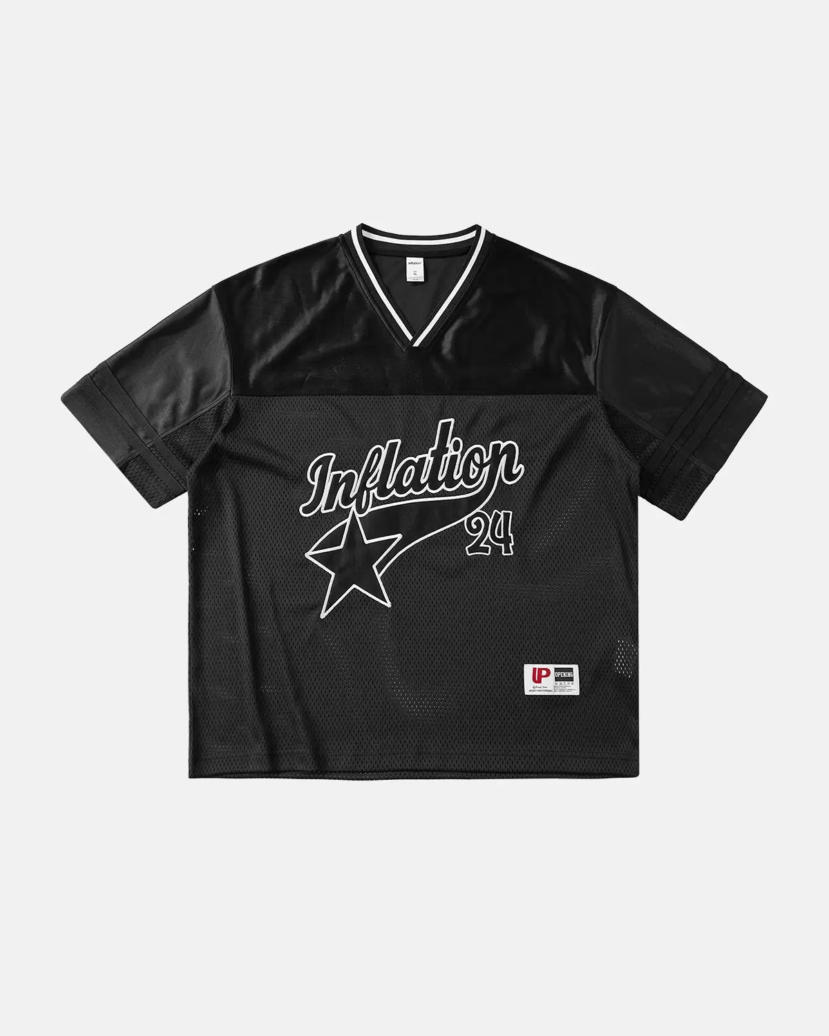 Mesh patchwork printing jersey by INFLATION featuring colorful, breathable fabric with intricate patchwork design.