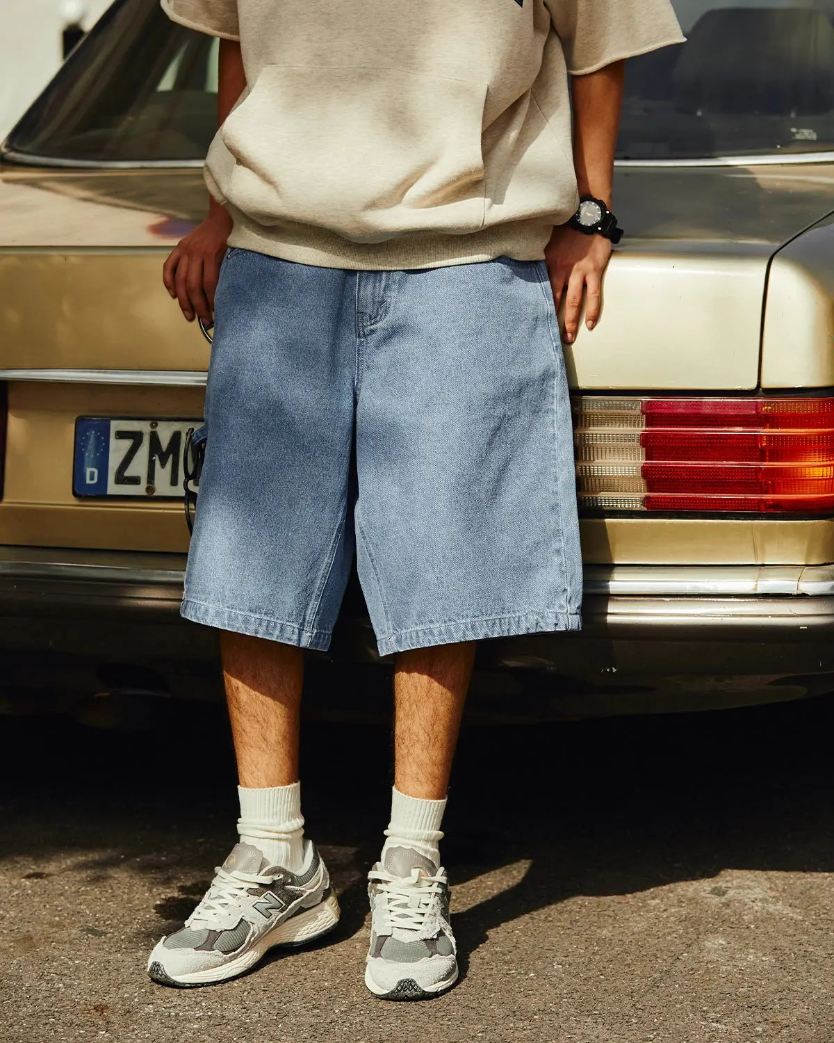 Flation Vintage Straight Washed Jorts, casual denim pants with a relaxed fit, worn appearance, and distressed details.