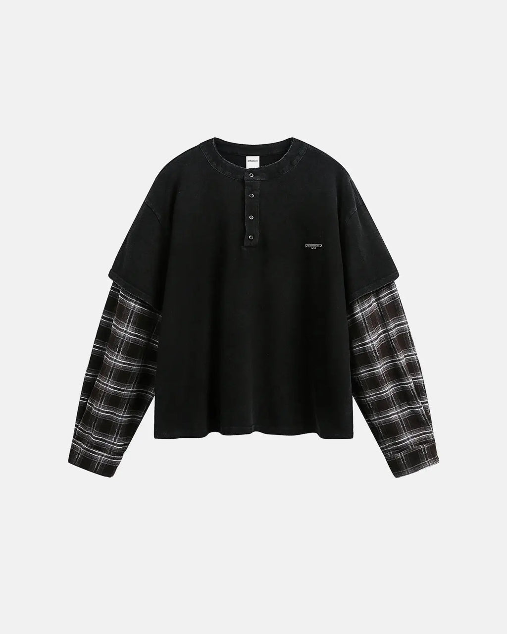 Inflation Streetwear distressed plaid layered long sleeve tee featuring a rugged, casual design with layered fabric details.