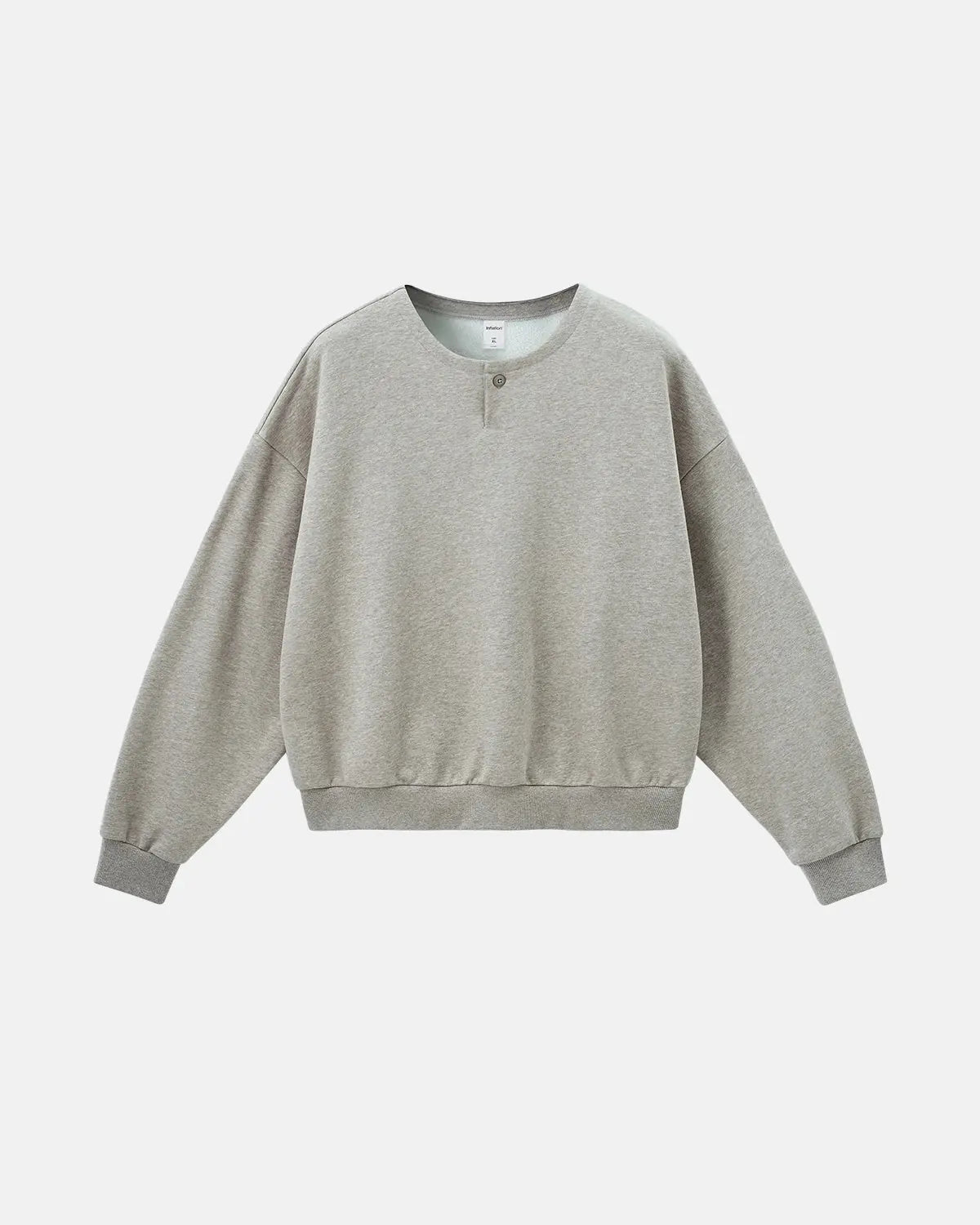 Boxy fit Henley collar sweatshirt by Flation, featuring a relaxed fit, long sleeves, and a classic buttoned Henley neckline.