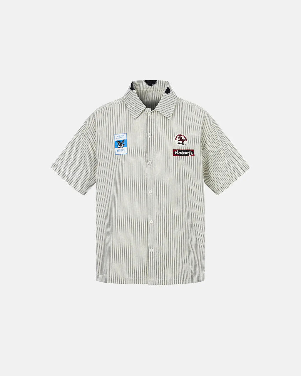 Inflation Streetwear graffiti patch striped shirt showing bold graffiti designs and colorful stripes on a casual men's shirt
