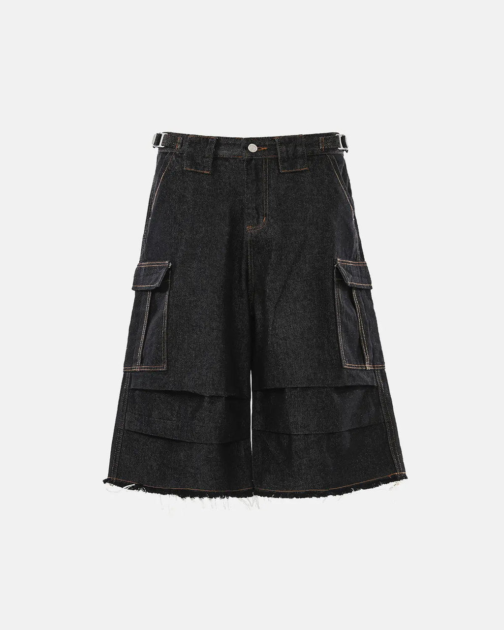 Layered utility baggy jorts by INFLATION, casual denim pants with multiple pockets and a relaxed fit, streetwear style.