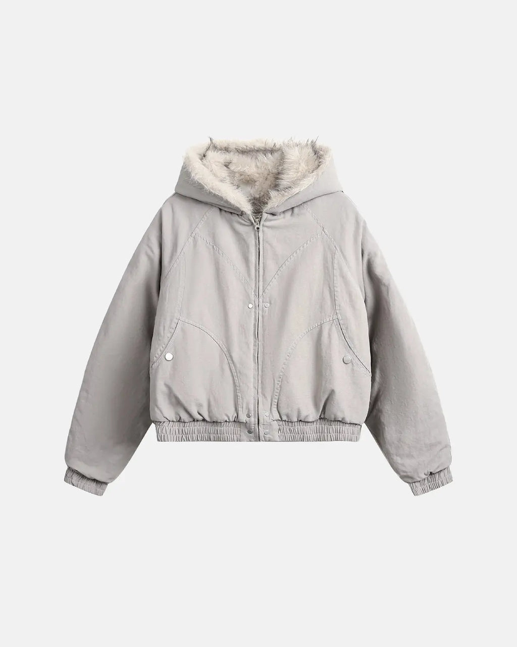 Inflation Streetwear faux fur lined bomber hooded jacket, black with zip closure and adjustable drawstrings, casual streetwear style.